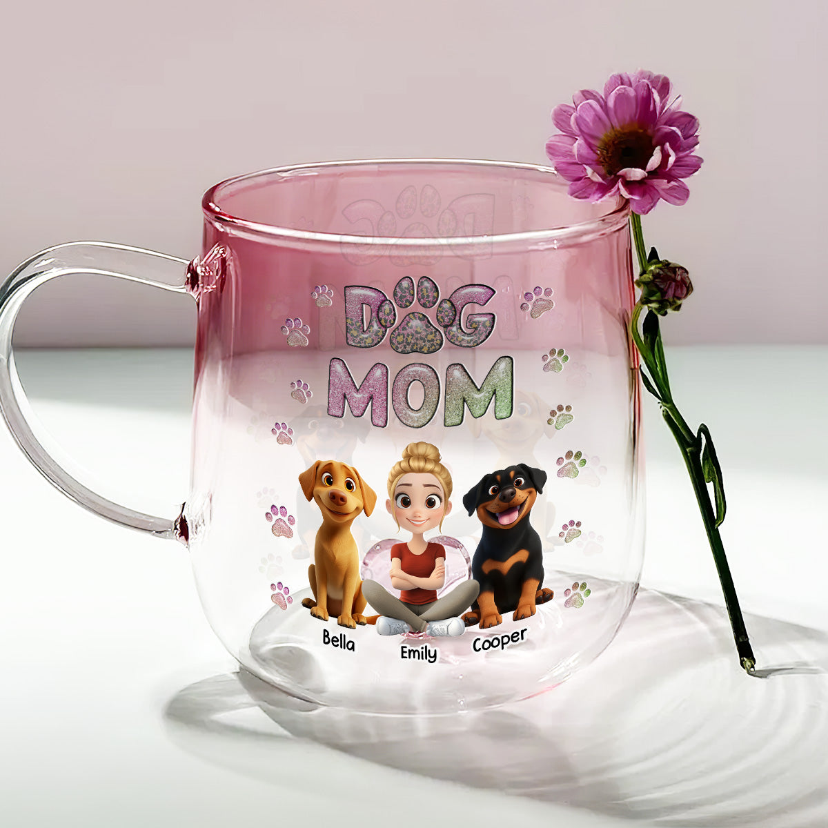Personalized Dog Mom Chibi Pink Gradient Glass Mug - A Lovely Gift