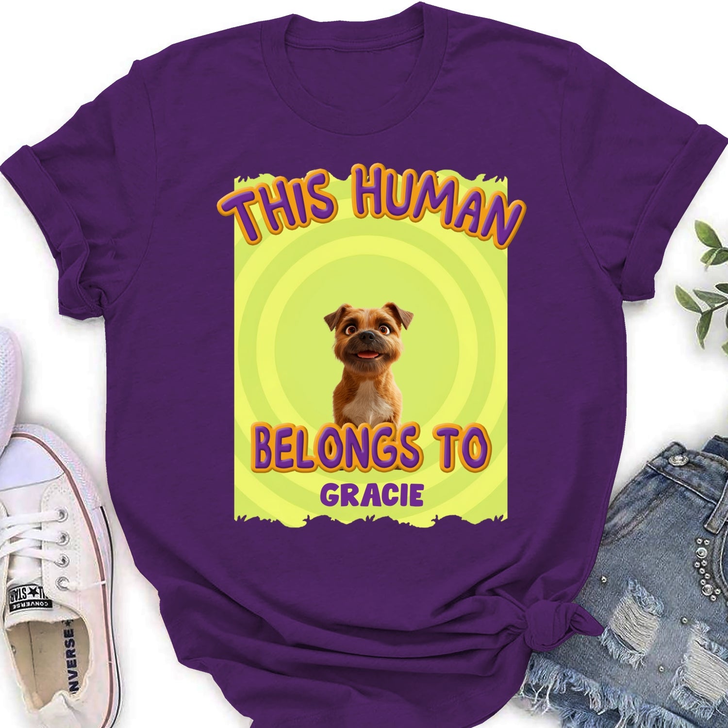 Personalized 'This Human Belongs To Our Pet' Cartoon Women's T - shirt
