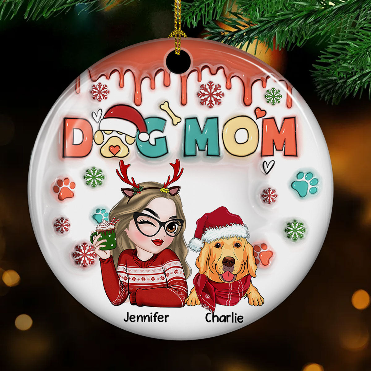 Customizable 3D Inflated Effect Personalized Dog Mom Christmas Paw Ceramic Ornament