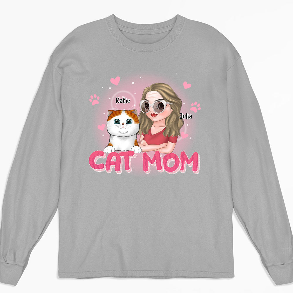 Personalized Custom Cat Mom Cartoon Long Sleeve T - shirt for Pet Lovers