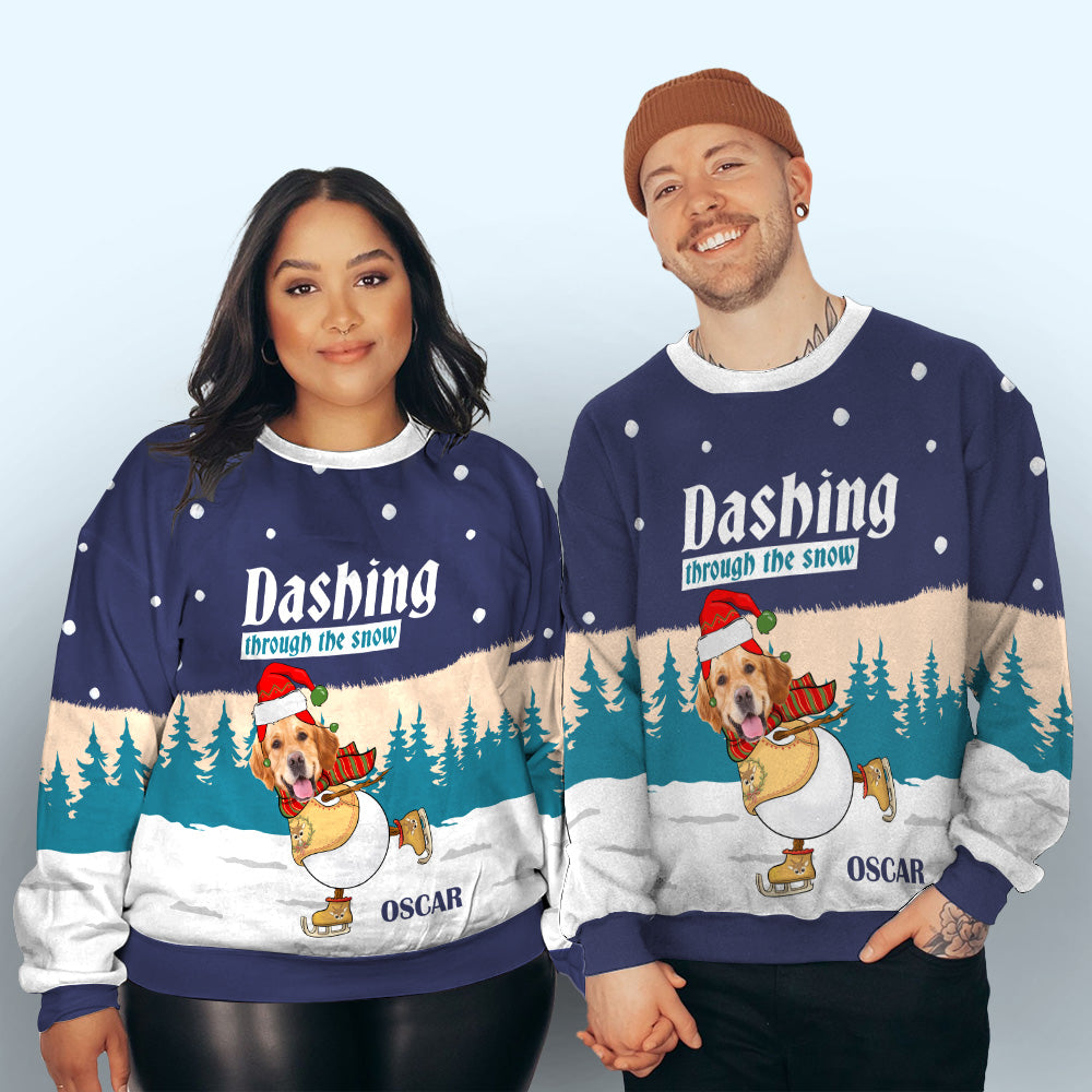 Personalized Custom Photo All-Over-Print 'Dashing Through Snow' Sweatshirt - Ideal for Pet Lovers