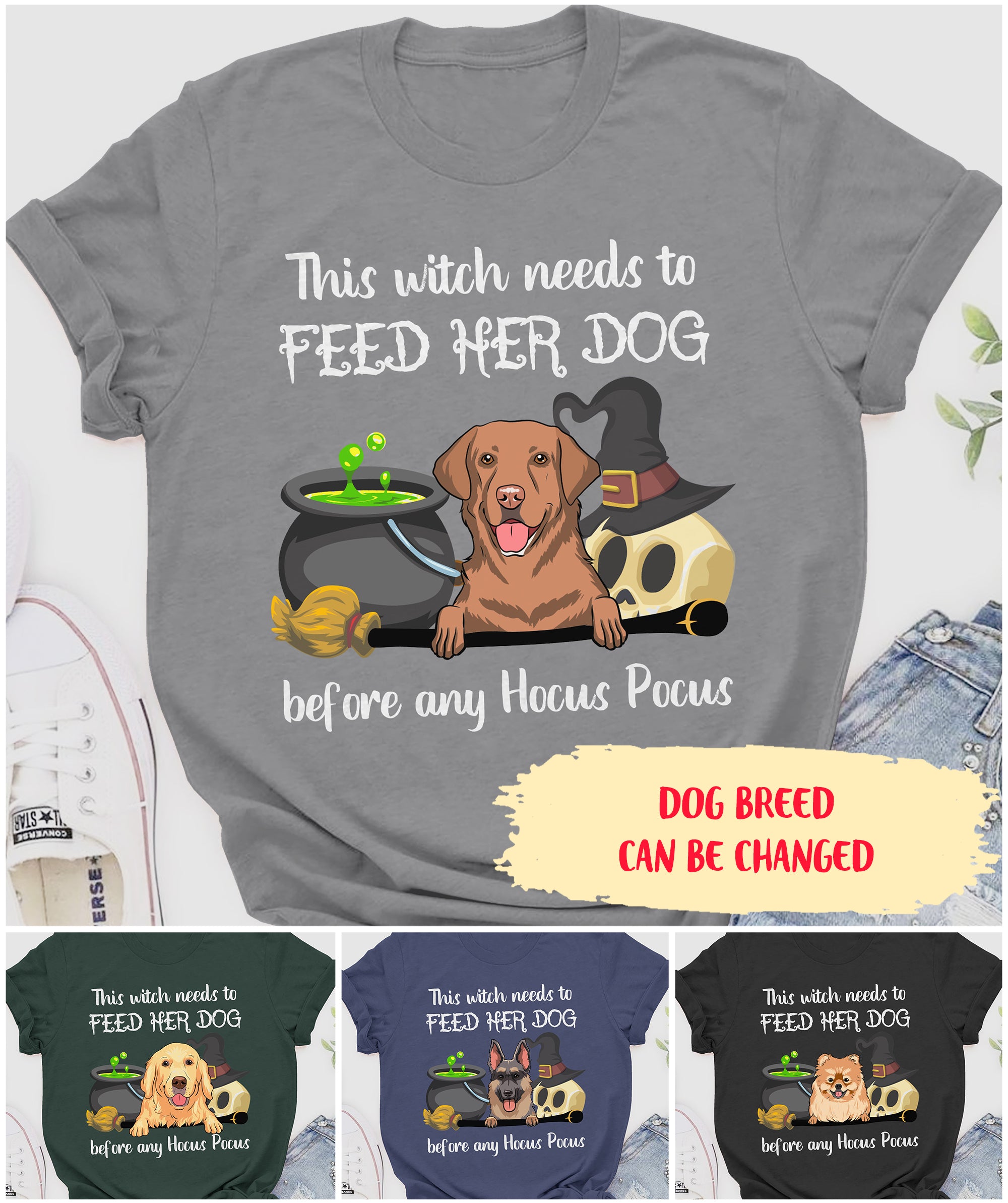 Personalized Witch Feeding Her Dog Unisex Halloween T-shirt - Ideal Gift for Pet Lovers