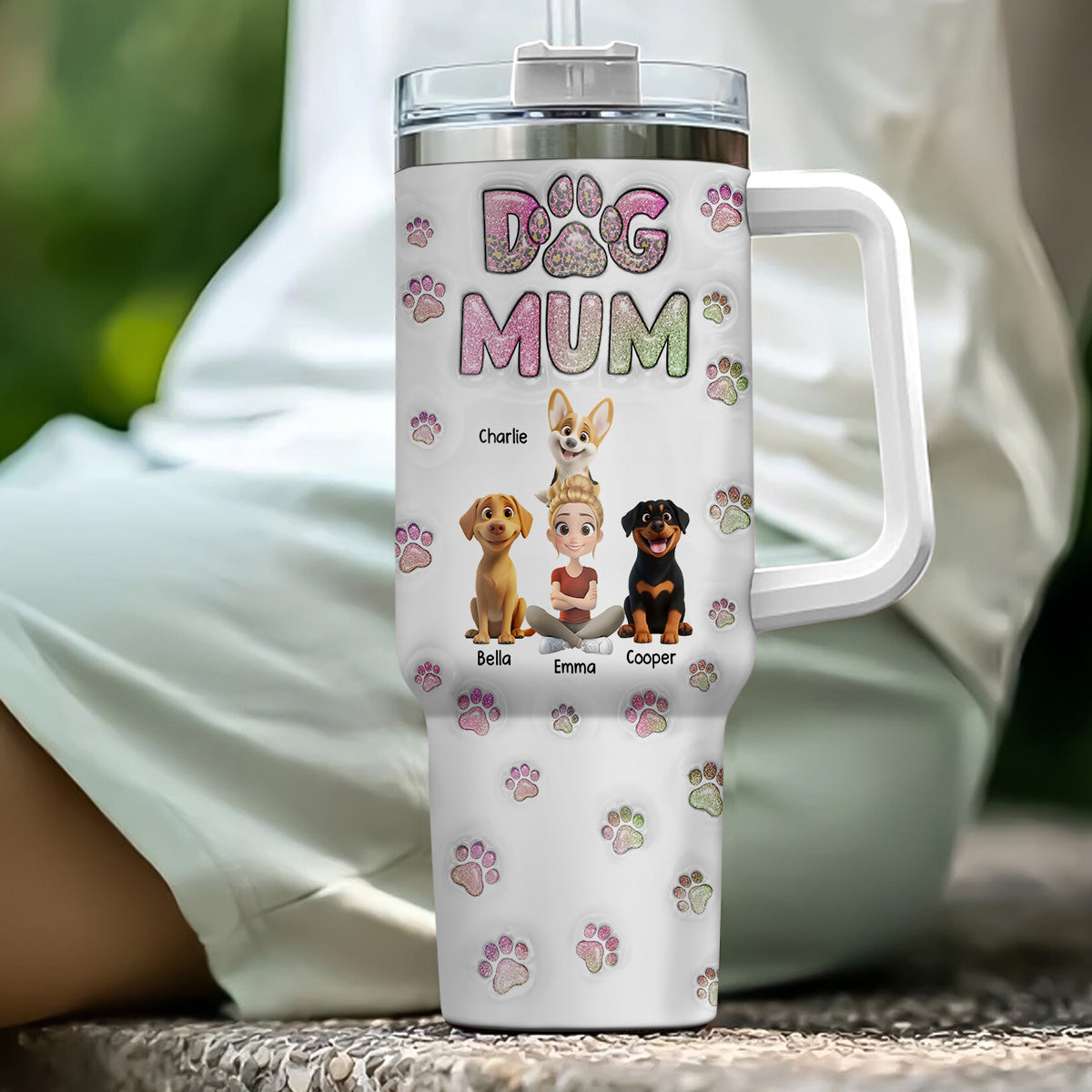 Personalized Dog Mom Chibi 3D Inflated Effect 40 Oz Stainless Steel Tumbler