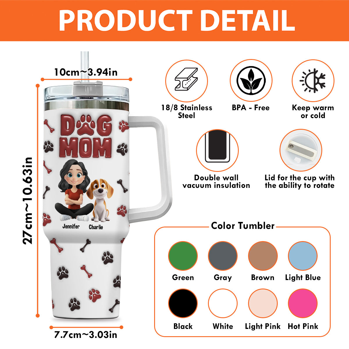 Customizable 3D Inflated Effect 40 Oz Personalized Tumbler for Dog Lovers