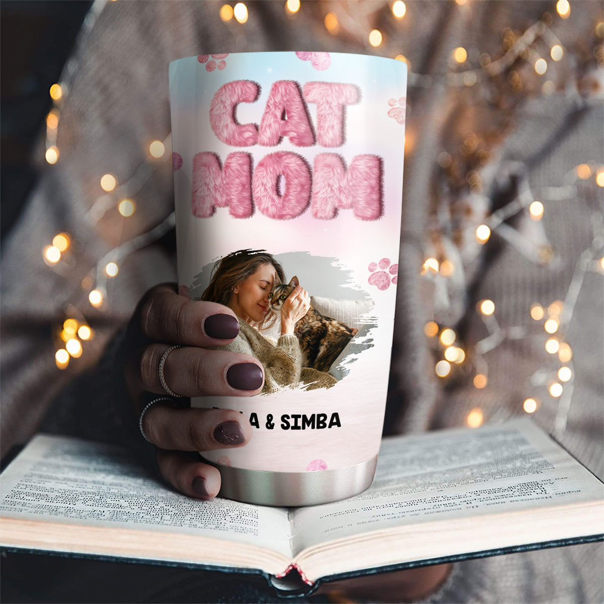 Personalized Fluffy Cat Mom Photo Tumbler - Customizable and Stylish