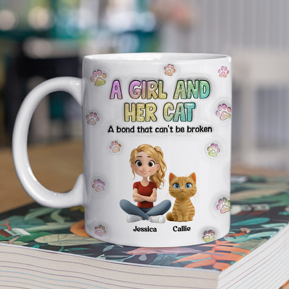 Personalized 3D Inflated Effect Mug: A Girl And Her Cat Design