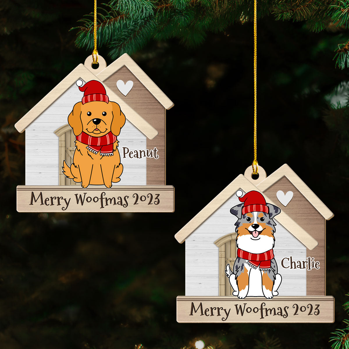 Personalized One - Layered Dog in Happy House Wood Ornament