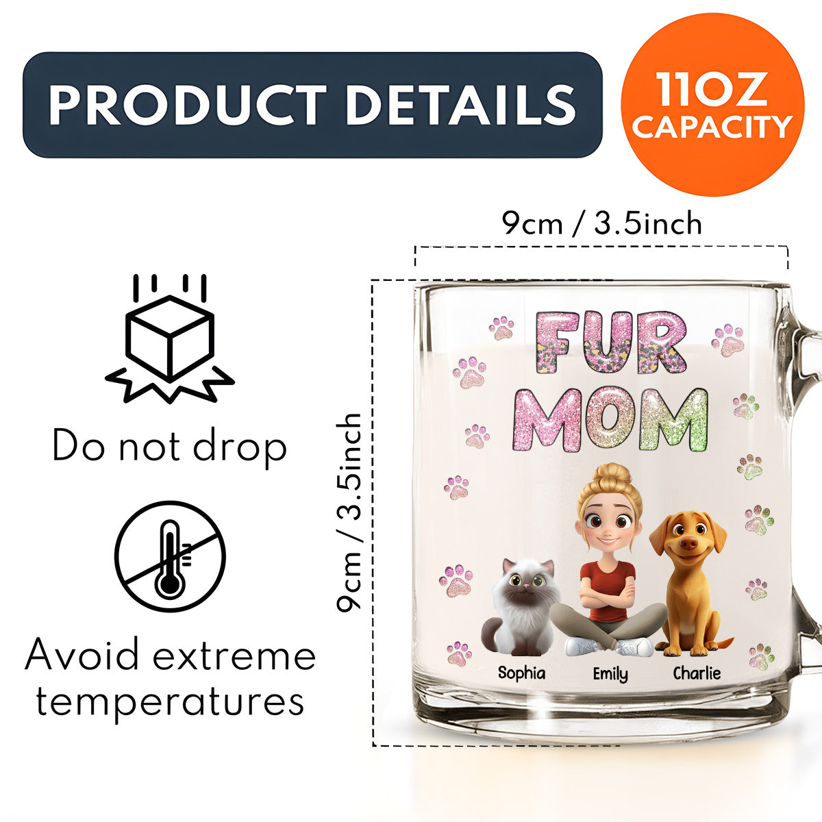 Personalized 3D Inflated Effect Glass Mug - Fur Mom Lovely Chibi Design