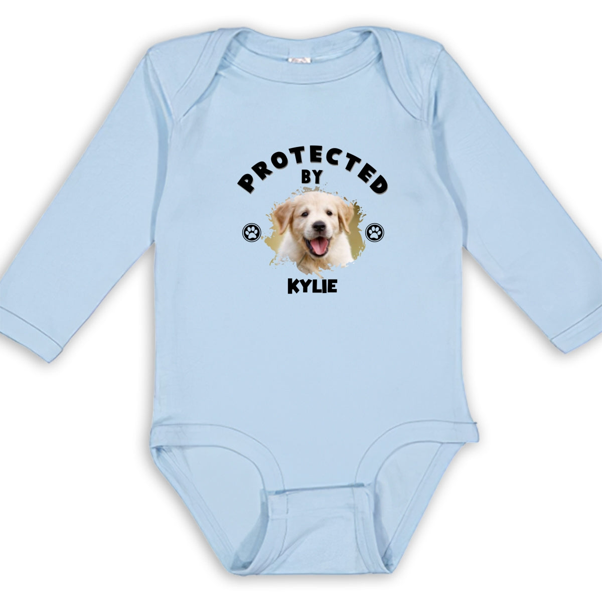Personalized Custom Long Sleeve Baby Onesie with Human Protected By Dogs Photo