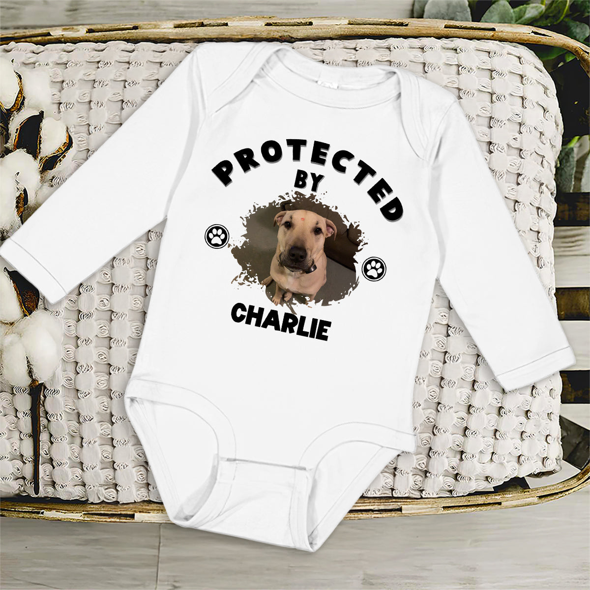 Personalized Custom Long Sleeve Baby Onesie with Human Protected By Dogs Photo