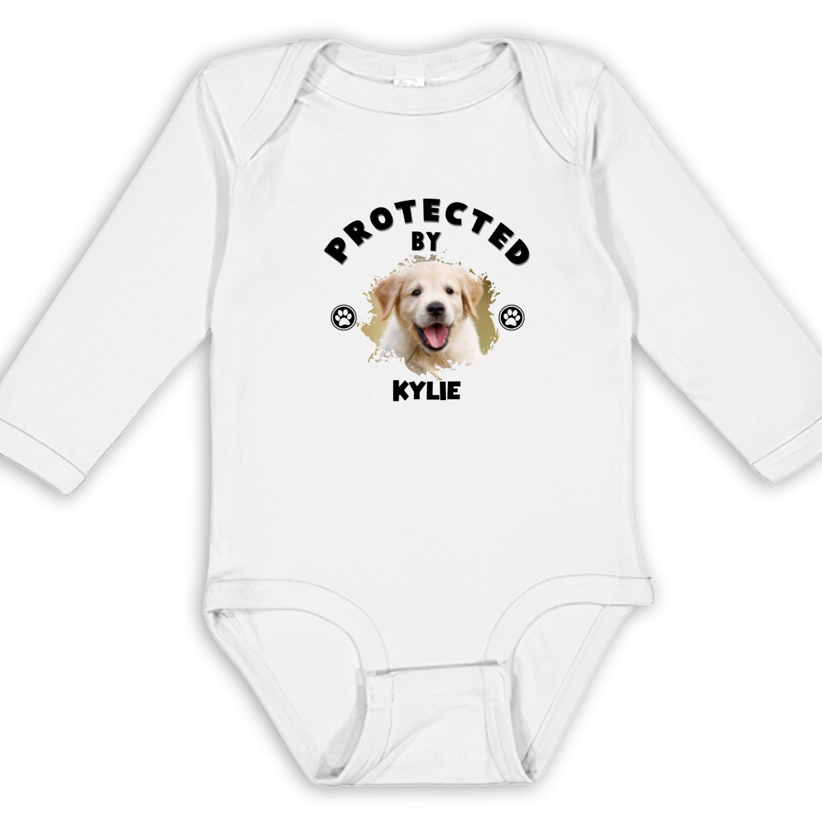 Personalized Custom Long Sleeve Baby Onesie with Human Protected By Dogs Photo