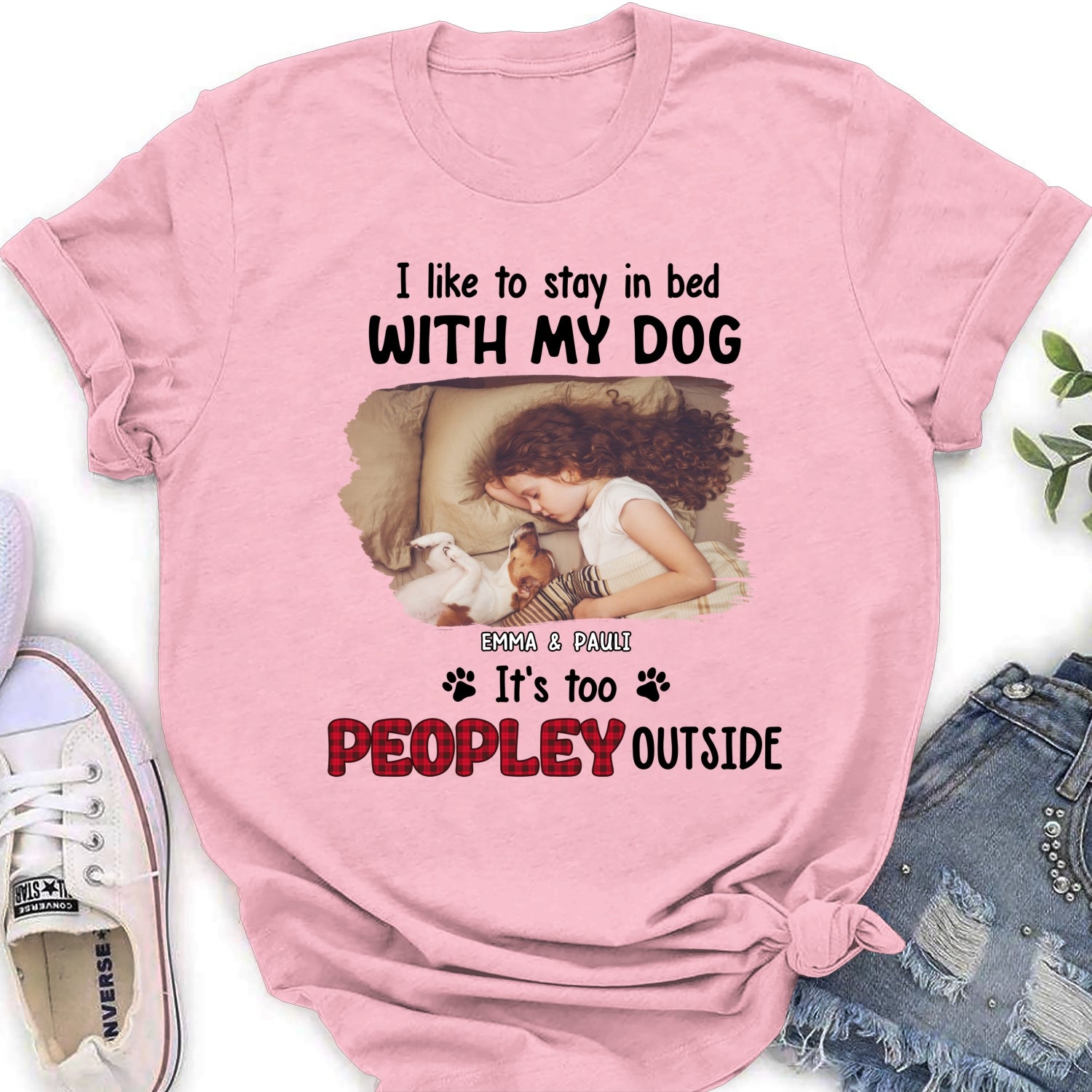Personalized Custom Women's T-shirt with 'Like To Stay In Bed' Photo - Ideal Gift for Pet Lovers