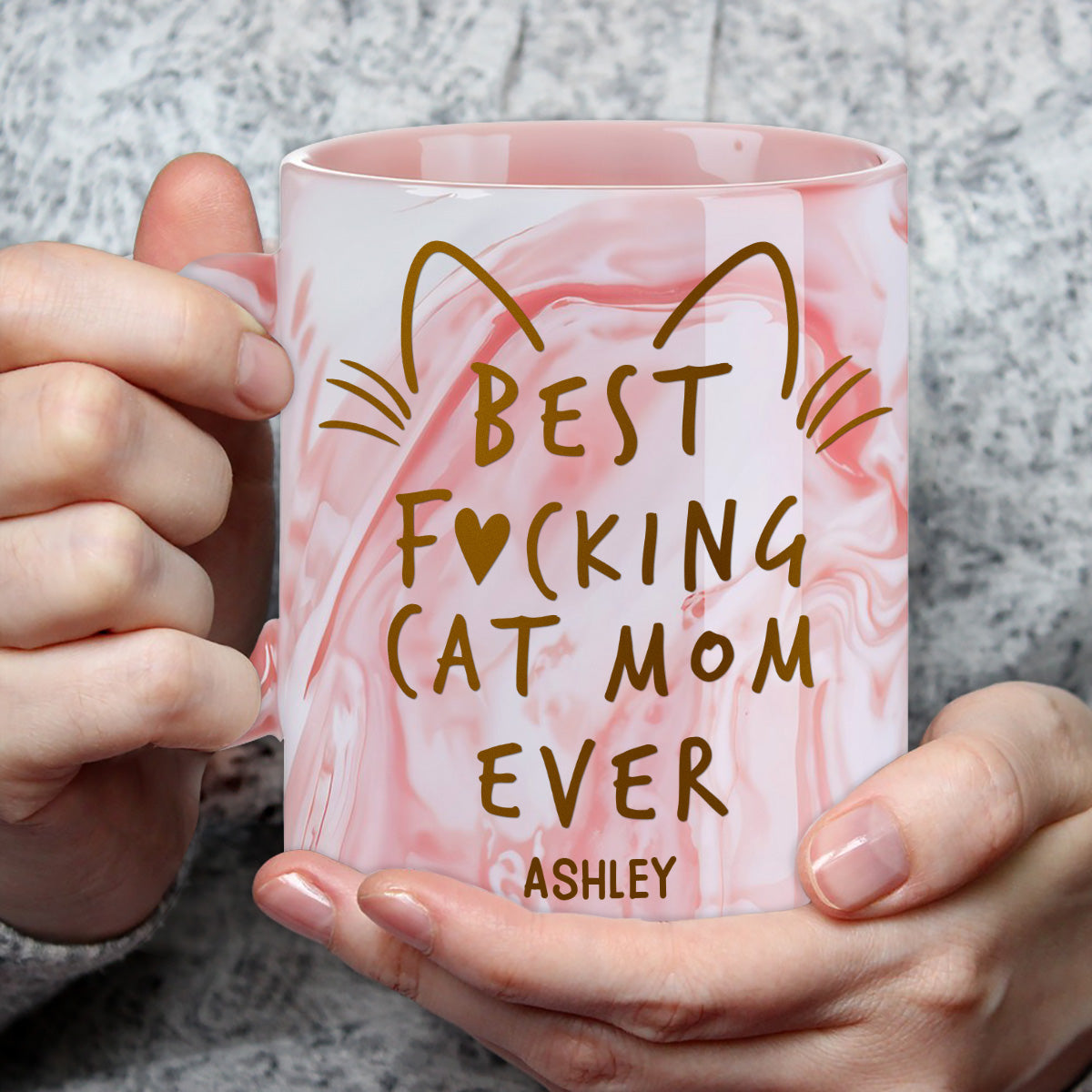 Exquisite Personalized Pink Marble Mug for Cat Moms