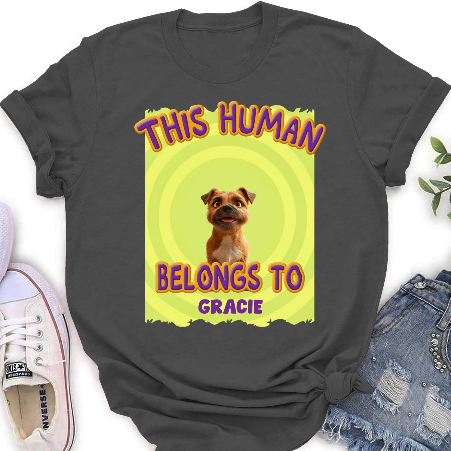 Personalized 'This Human Belongs To Our Pet' Cartoon Women's T - shirt