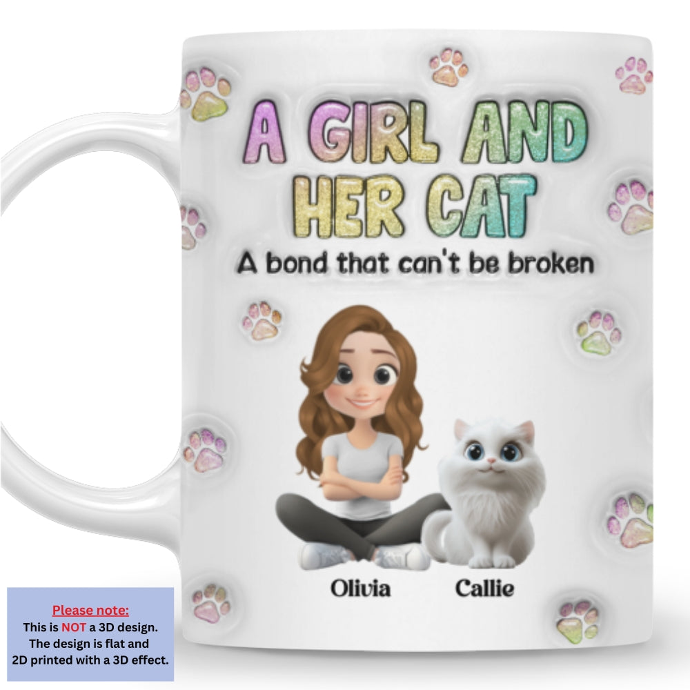 Personalized 3D Inflated Effect Mug: A Girl And Her Cat Design
