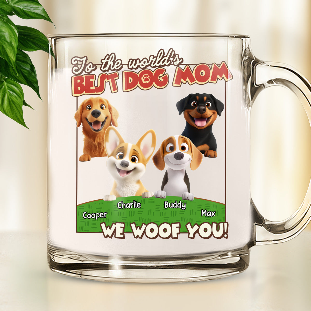 Personalized 'We Woof You' Dog Mom & Dad Cartoon Glass Mug