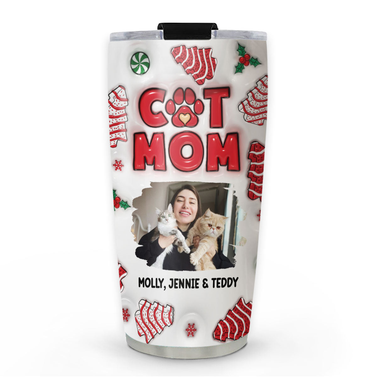 Personalized 3D Inflated Effect Cat Mom Christmas Cake Photo Tumbler