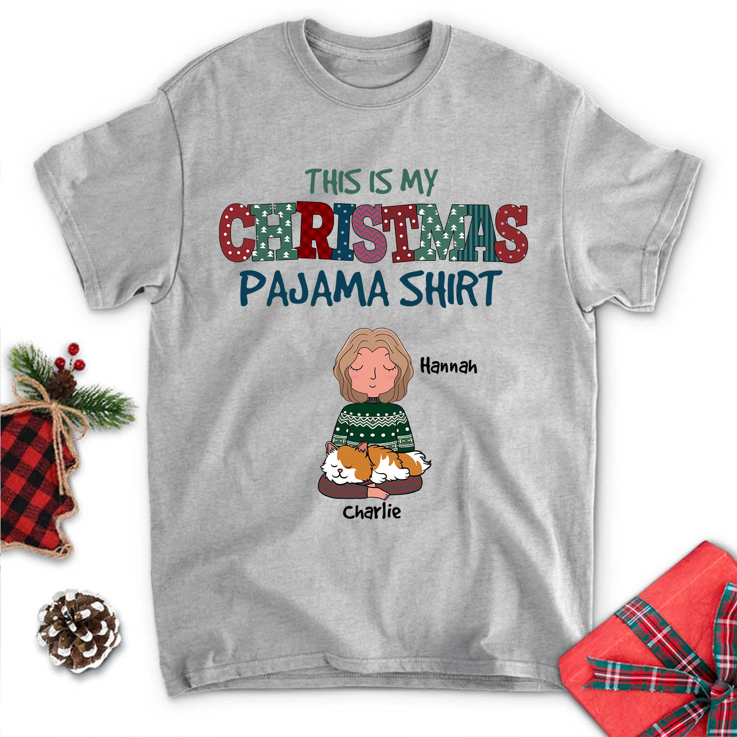 Customizable Christmas Cat Pajama Unisex T-shirt - Ideal Gift for Pet Lovers