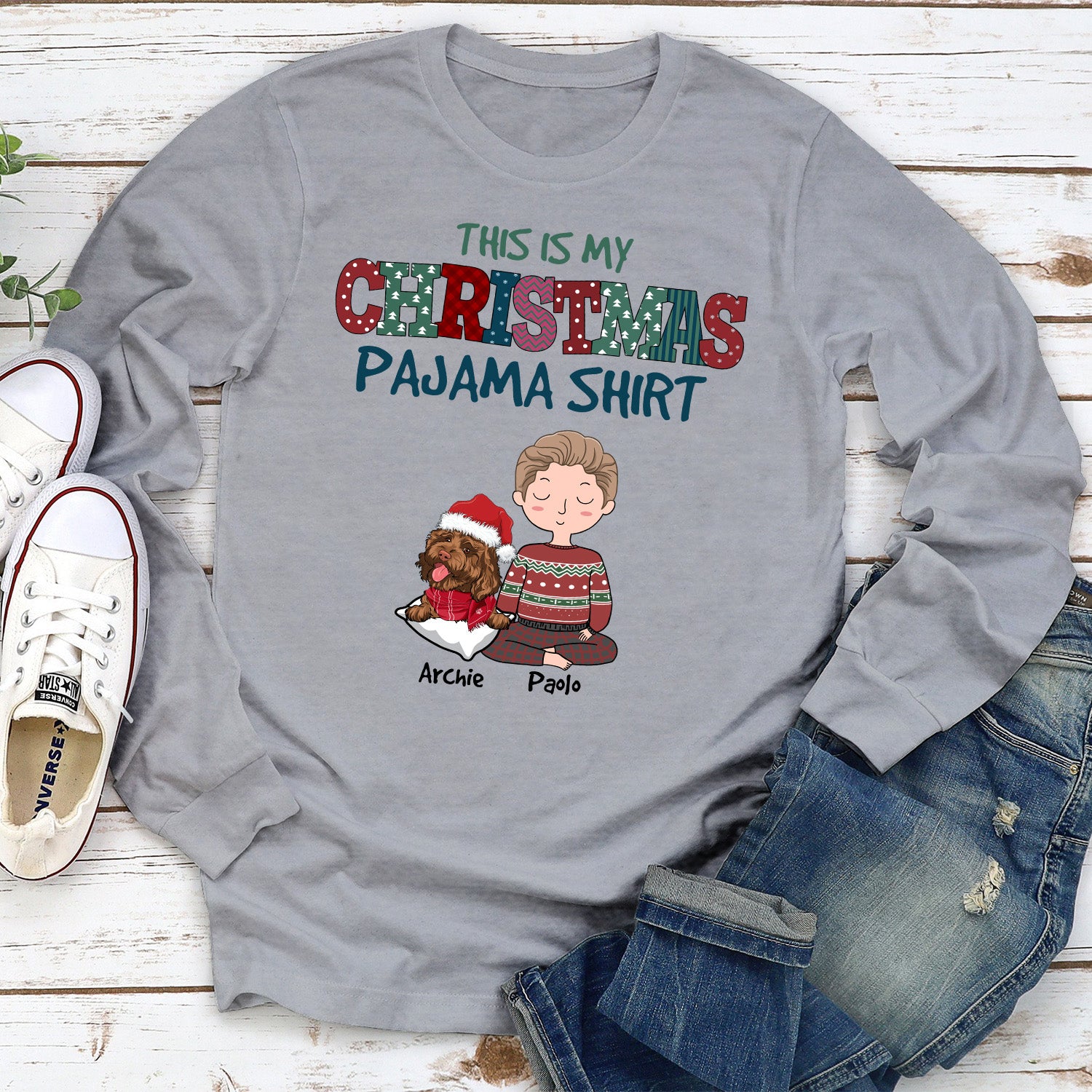 Customizable Christmas Long Sleeve Pajama T-shirt for Pet Lovers