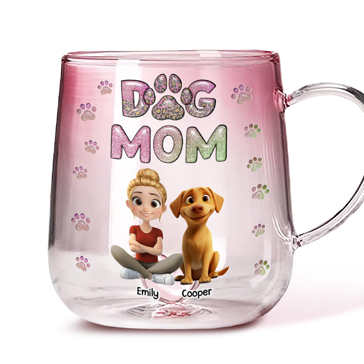 Personalized Dog Mom Chibi Pink Gradient Glass Mug - A Lovely Gift