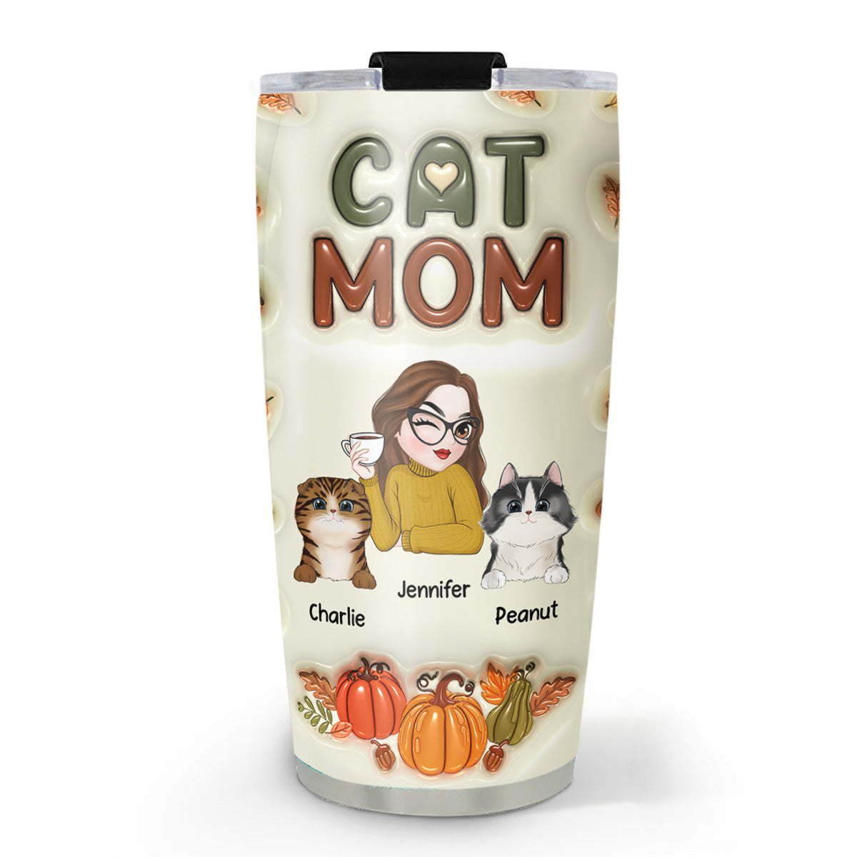 Autumn Edition Personalized 3D Inflated Effect Cat Mom Tumbler