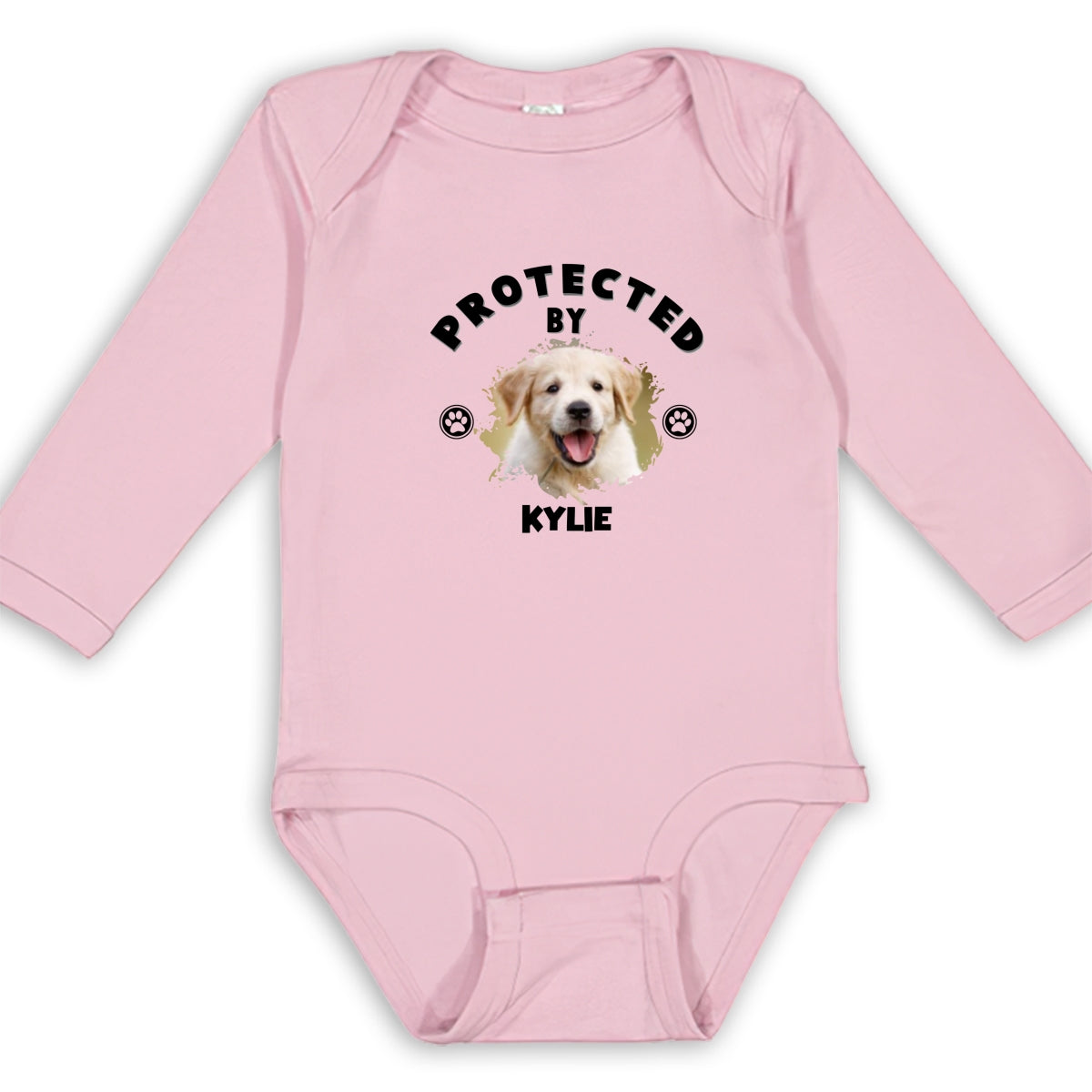 Personalized Custom Long Sleeve Baby Onesie with Human Protected By Dogs Photo