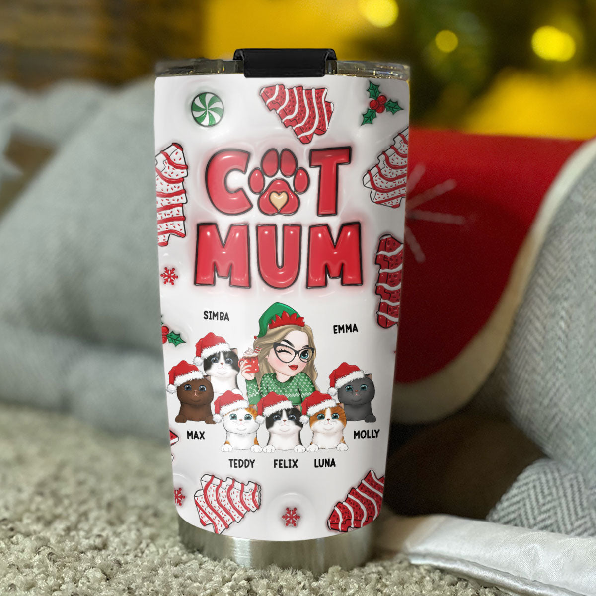 Personalized 3D Inflated Effect Cat Mom Christmas Tumbler - Ideal for All Occasions