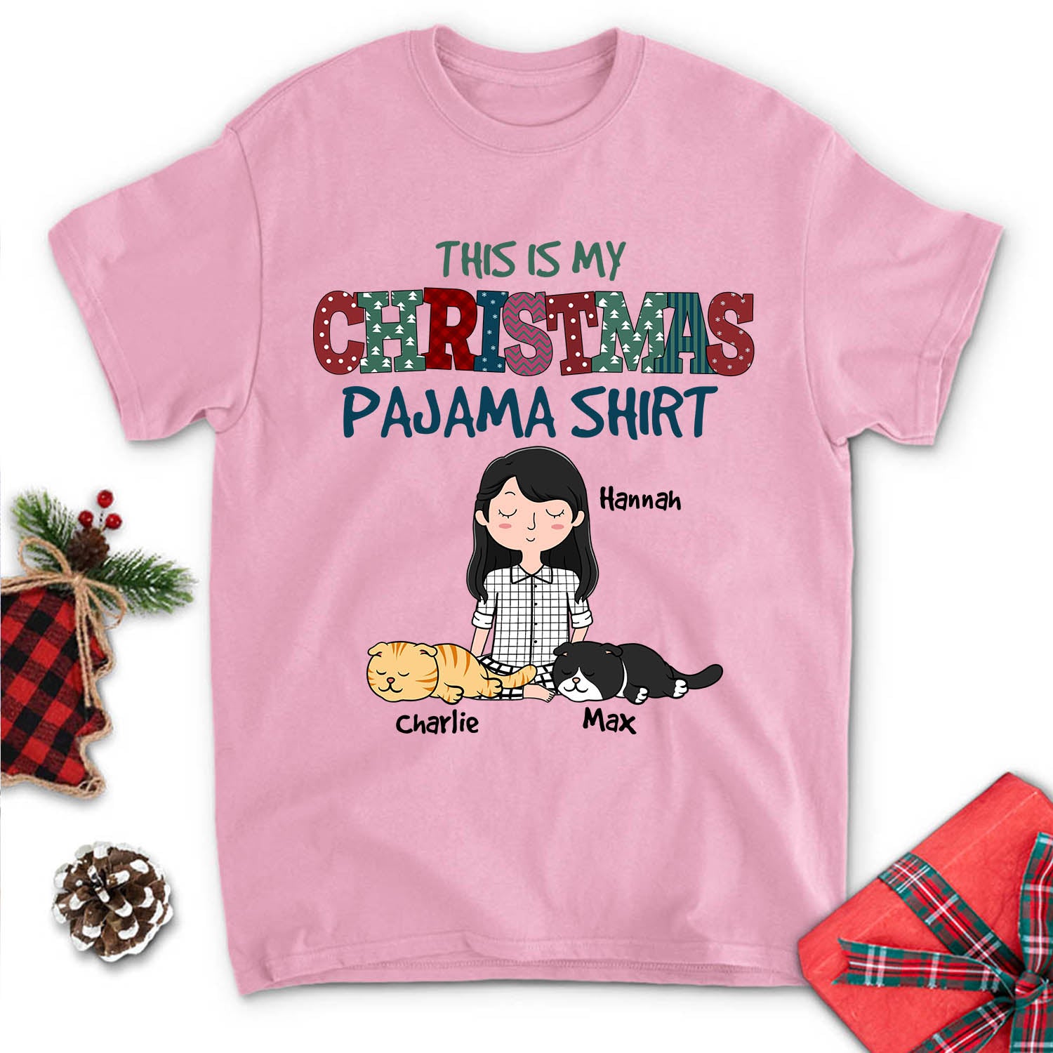 Customizable Christmas Cat Pajama Unisex T-shirt - Ideal Gift for Pet Lovers
