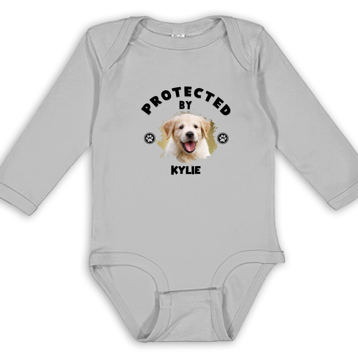 Personalized Custom Long Sleeve Baby Onesie with Human Protected By Dogs Photo