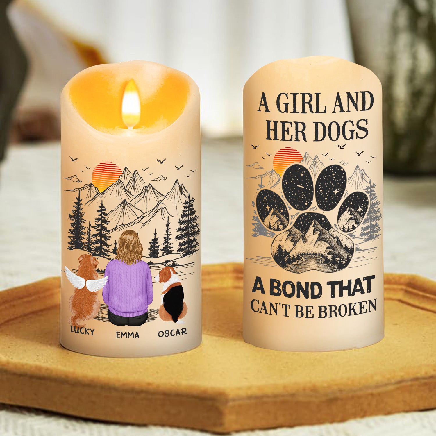 Personalized Custom LED Memorial Candle: A Girl And Her Dogs Can't Be Broken