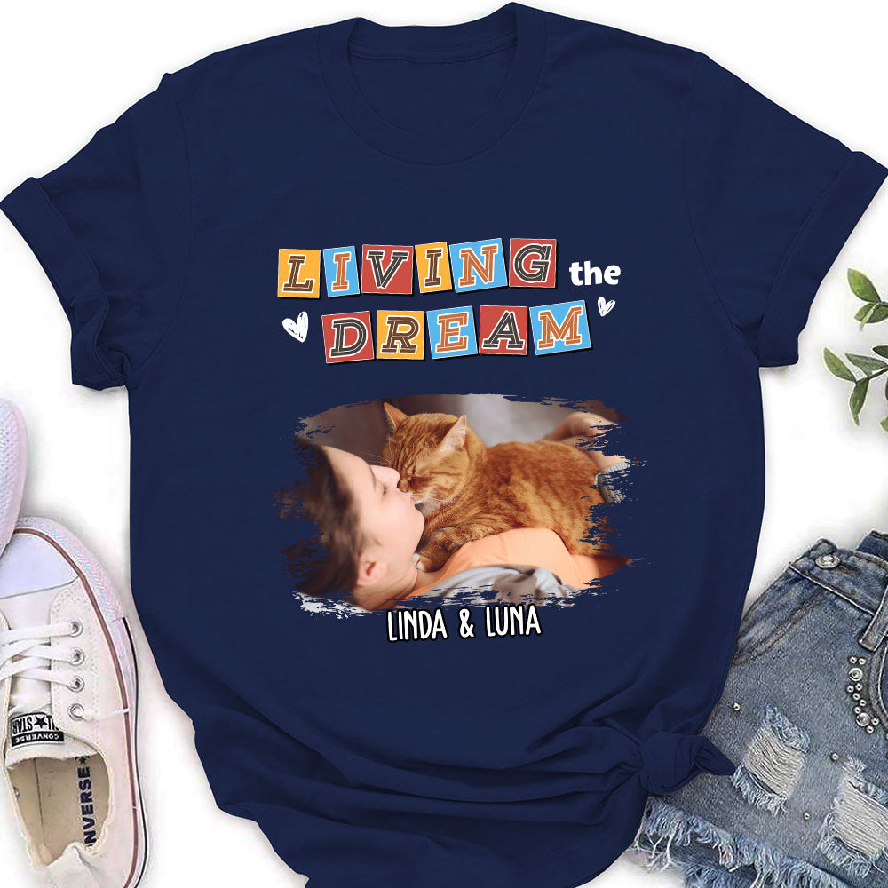 Personalized Custom Women's 'Living The Dream 3 Photo' T-shirt - Ideal Gift for Pet Lovers