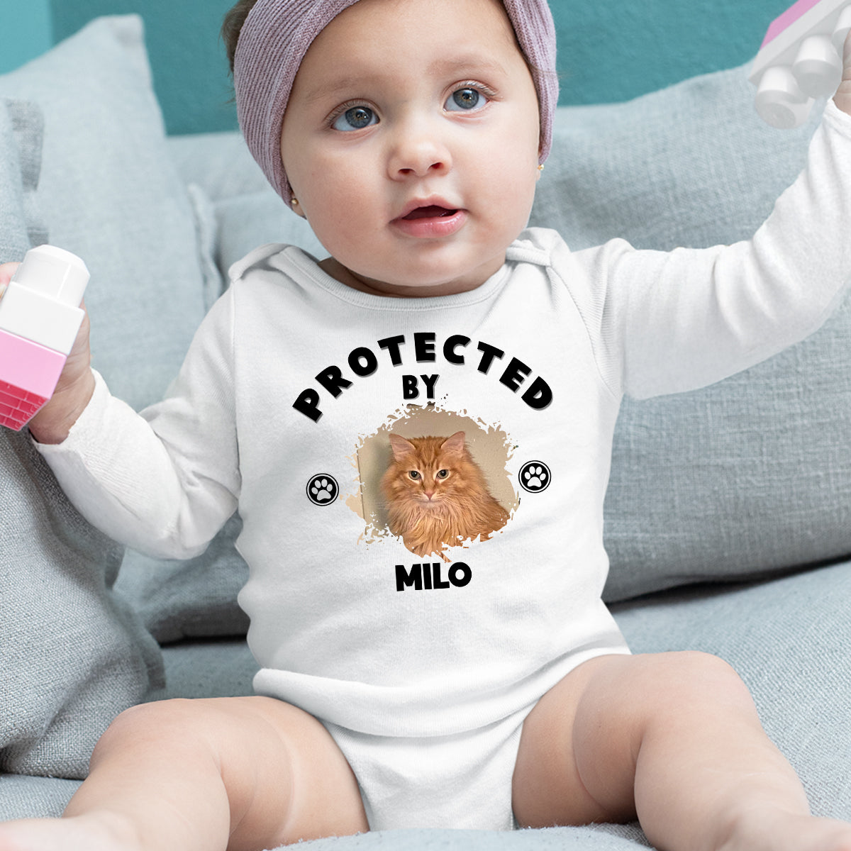 Personalized Custom Long Sleeve Baby Onesie with 'Human Protected By Cats' Photo