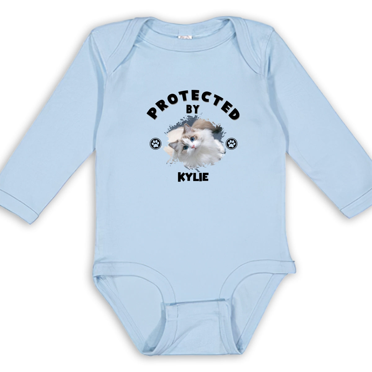 Personalized Custom Long Sleeve Baby Onesie with 'Human Protected By Cats' Photo