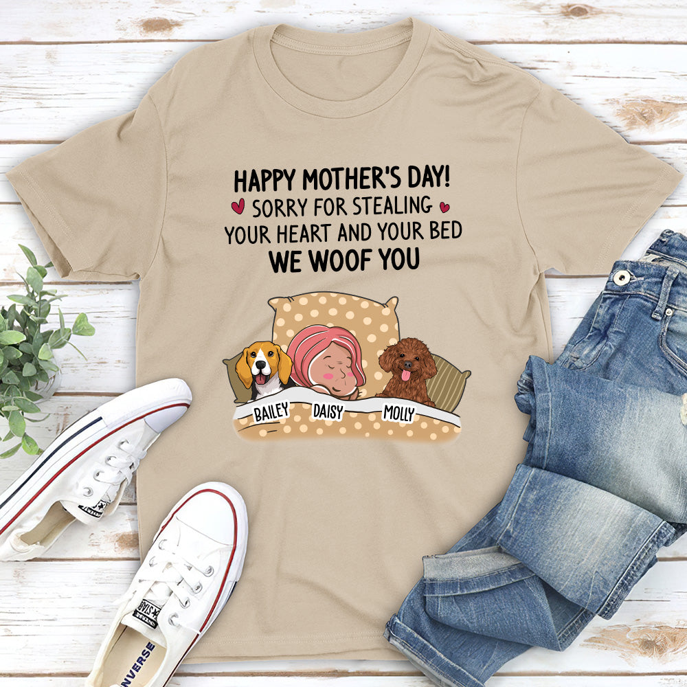 Apologetic Pet Lover's Personalized Unisex T-shirt: Sorry for Stealing Your Bed