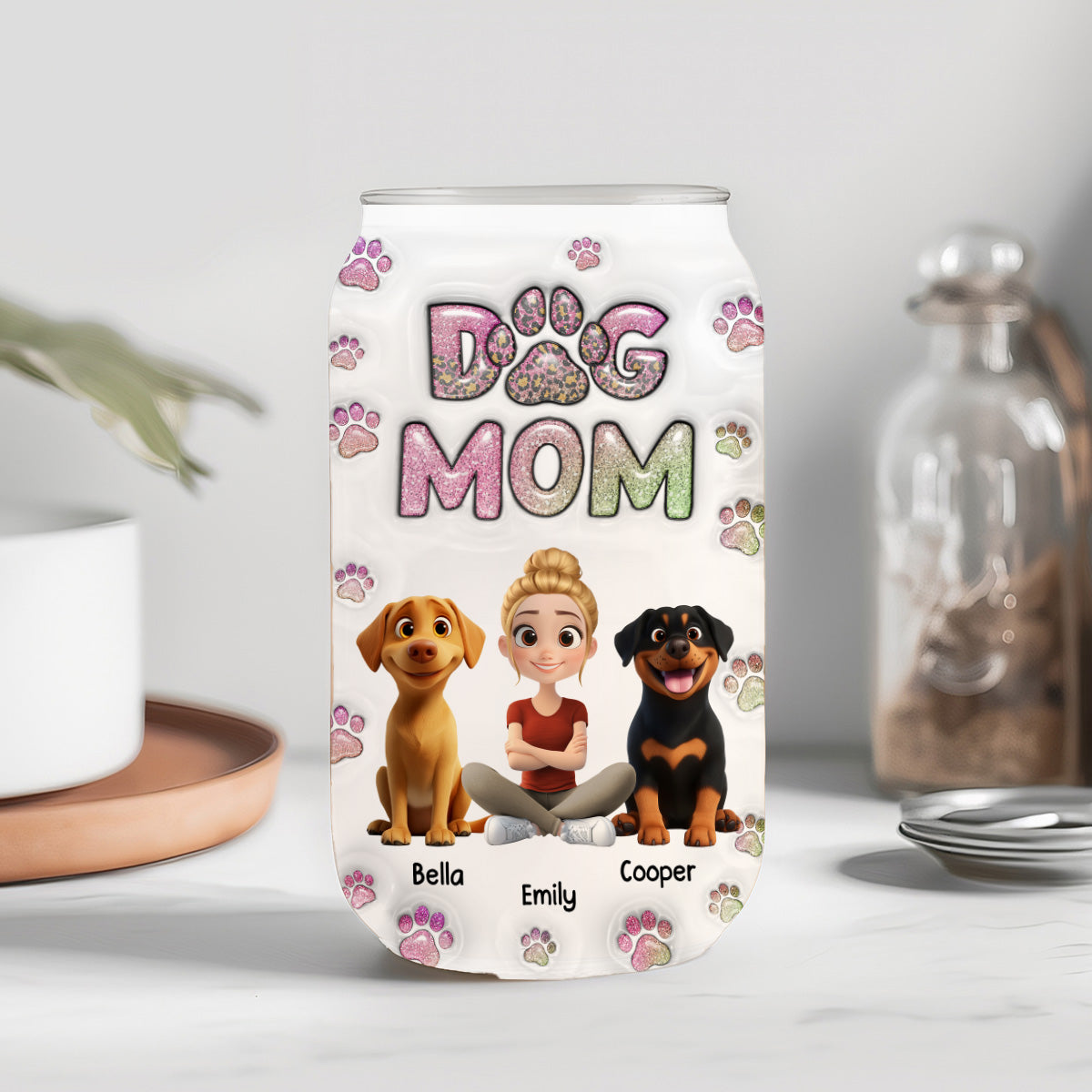 Personalized Dog Mom Chibi 3D Inflated Effect Glass Can for Daily Sipping