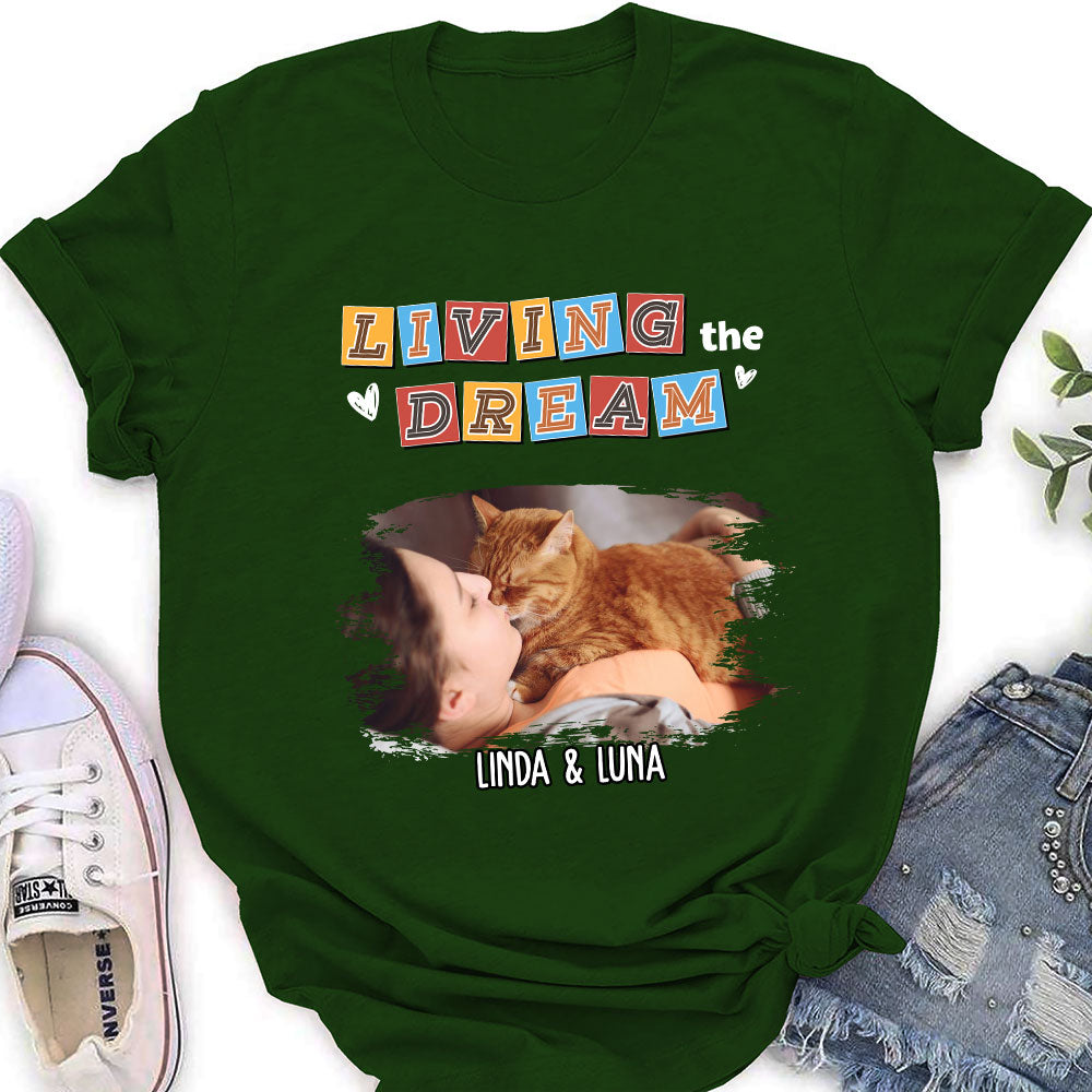 Personalized Custom Women's 'Living The Dream 3 Photo' T-shirt - Ideal Gift for Pet Lovers