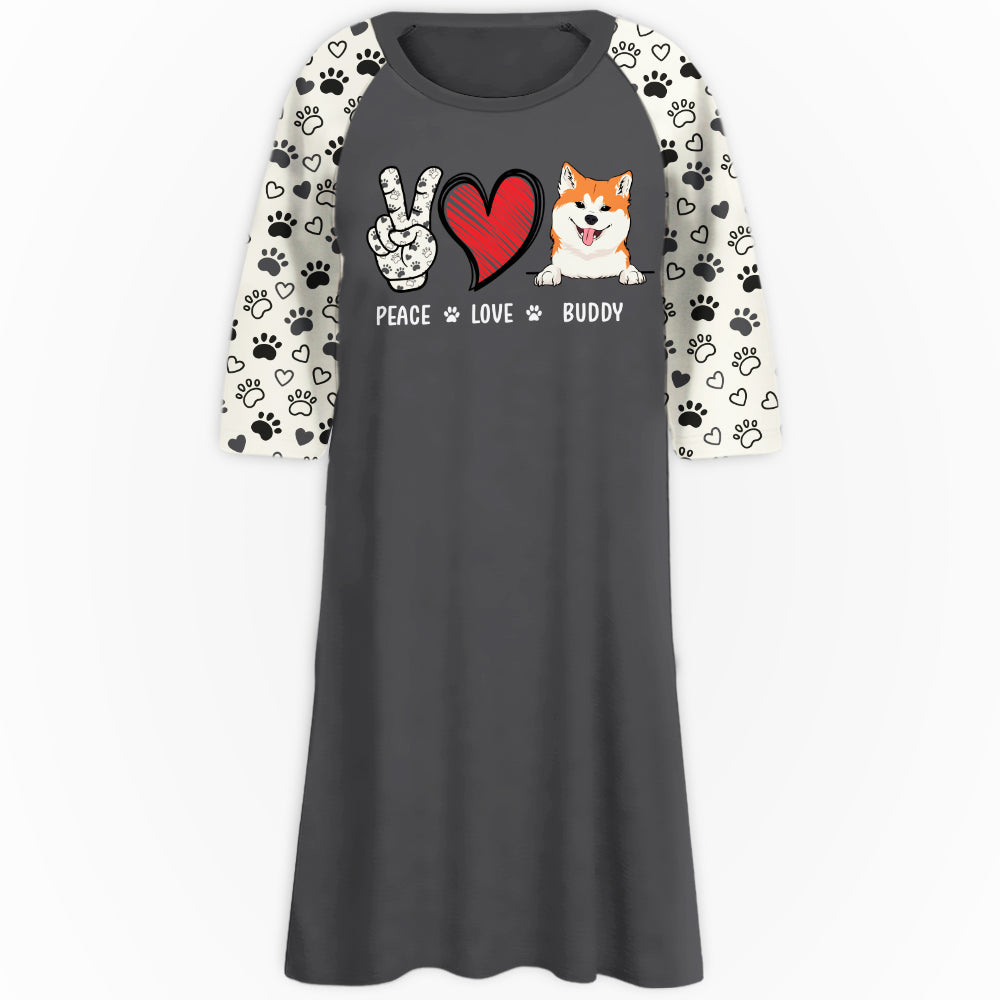 Peace Love Dog Pattern Personalized 3/4 Sleeve Custom Dress - Perfect for Dog Moms