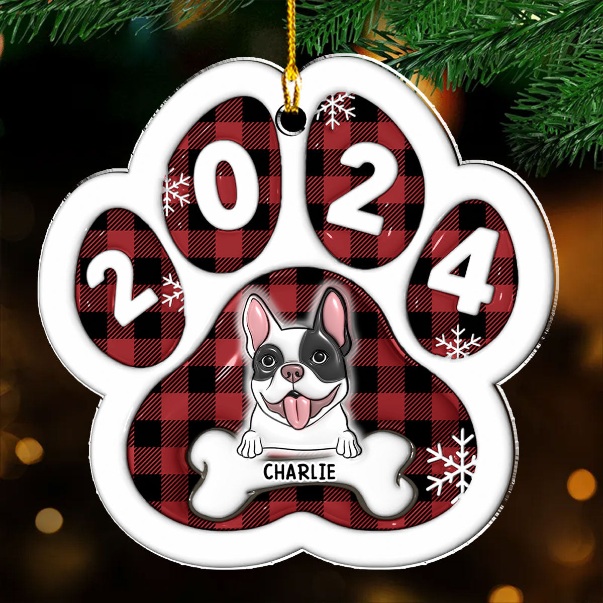 Happy Paw 2024 - Unique Personalized 3D Inflated Effect Acrylic Christmas Ornament