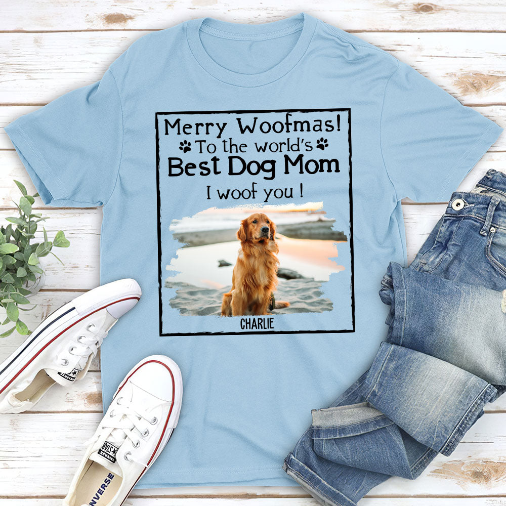 Customizable Woof Dog Dad Mom Christmas Photo Unisex T-shirt - Ideal Gift for Pet Lovers