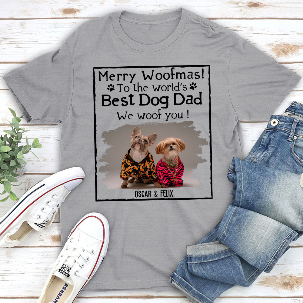 Customizable Woof Dog Dad Mom Christmas Photo Unisex T-shirt - Ideal Gift for Pet Lovers