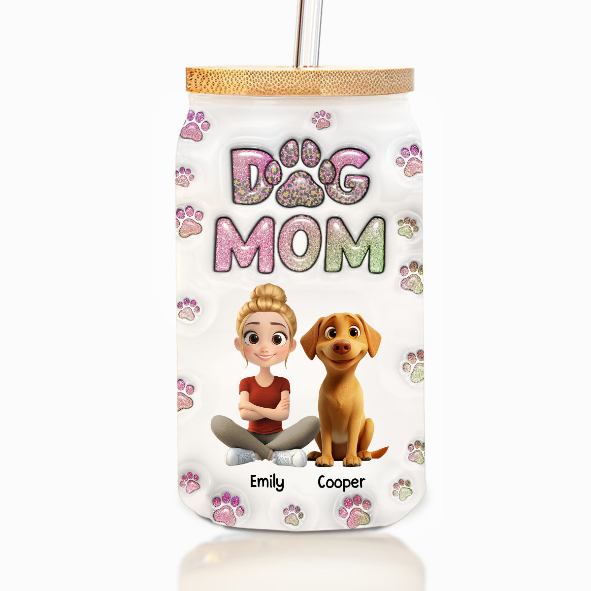 Personalized Dog Mom Chibi 3D Inflated Effect Glass Can for Daily Sipping