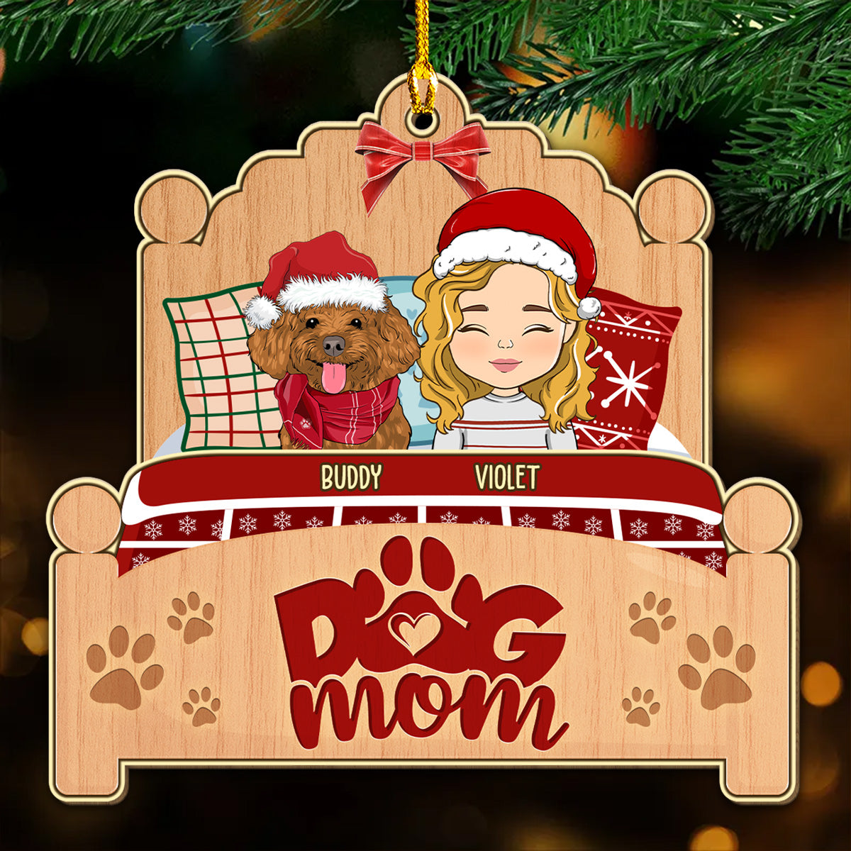 Customizable Sleepy Dog Mom Wood Christmas Ornament - Ideal Gift for Pet Lovers