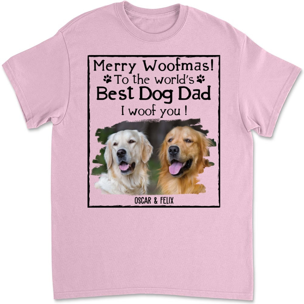 Customizable Woof Dog Dad Mom Christmas Photo Unisex T-shirt - Ideal Gift for Pet Lovers