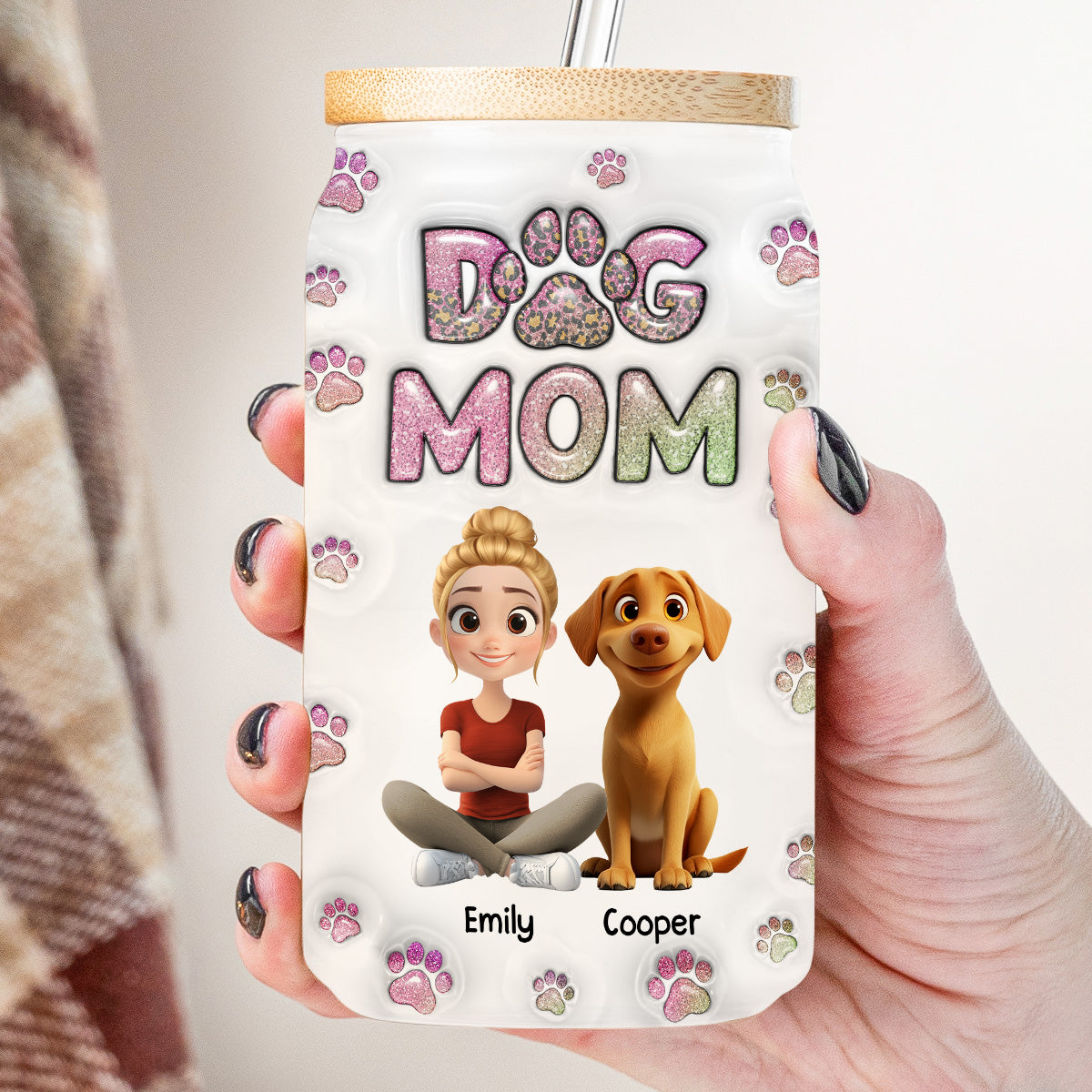 Personalized Dog Mom Chibi 3D Inflated Effect Glass Can for Daily Sipping