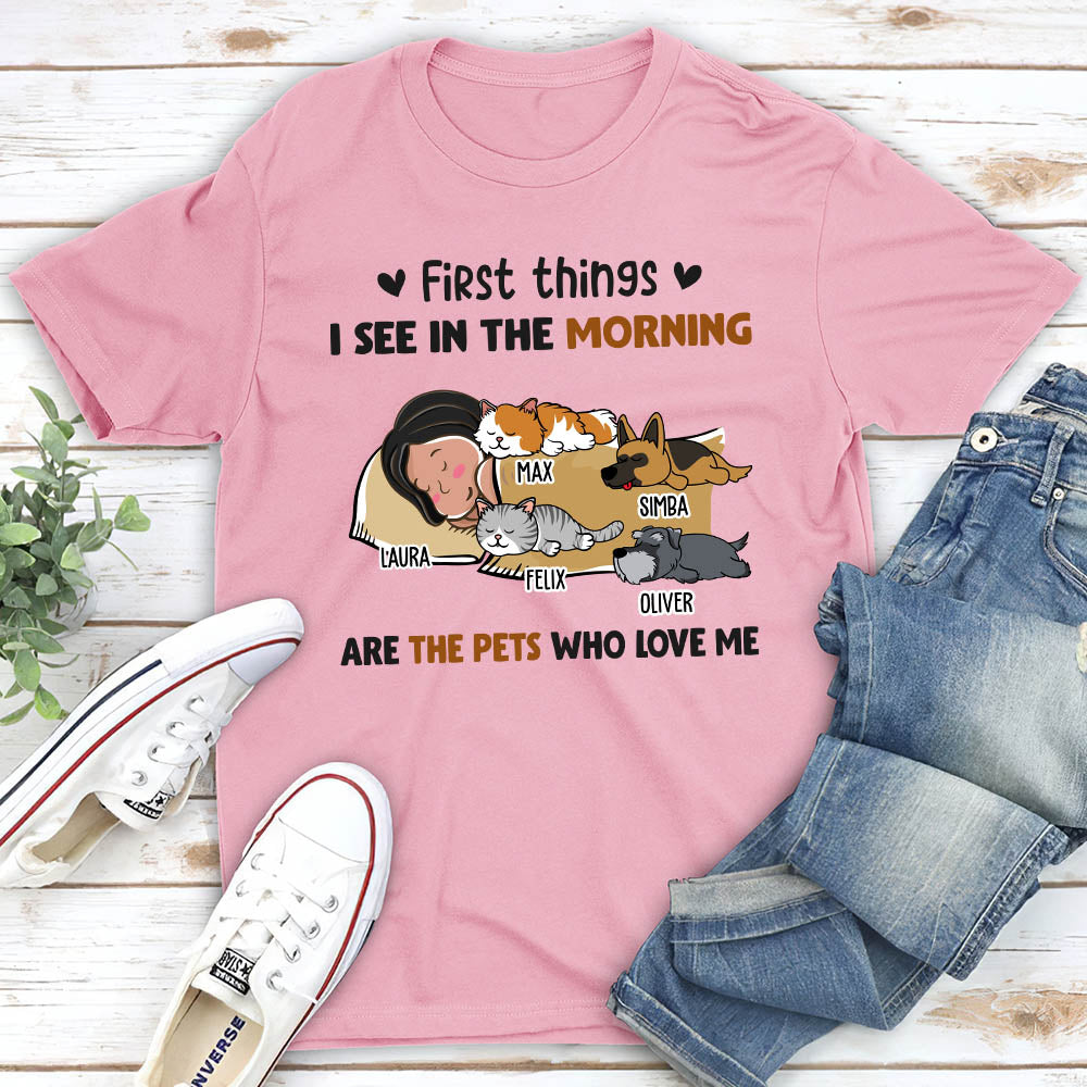 Morning First Thing Personalized Custom Unisex Pet Lover T-shirt