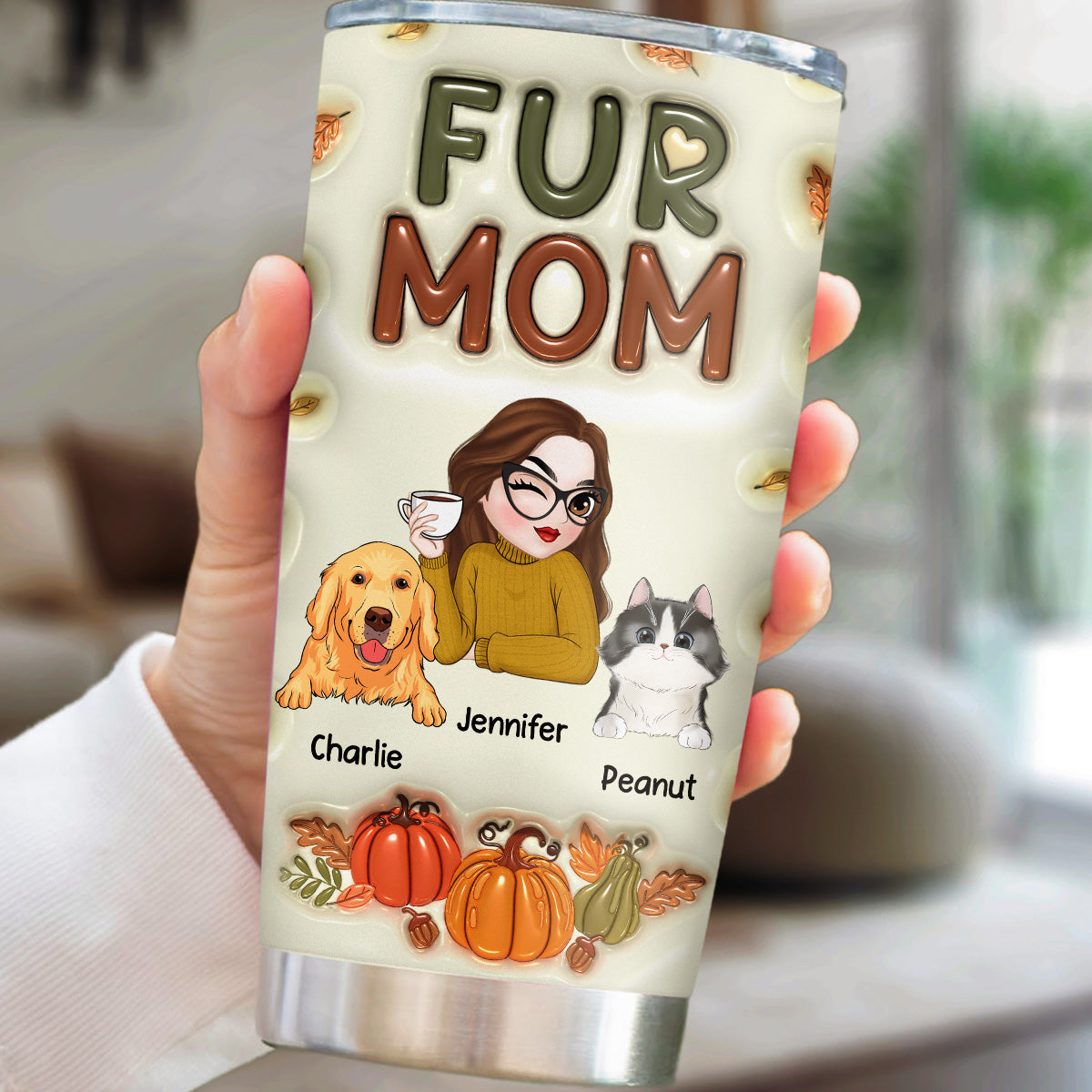 Autumn Fur Mom Personalized 3D Inflated Effect Custom Tumbler