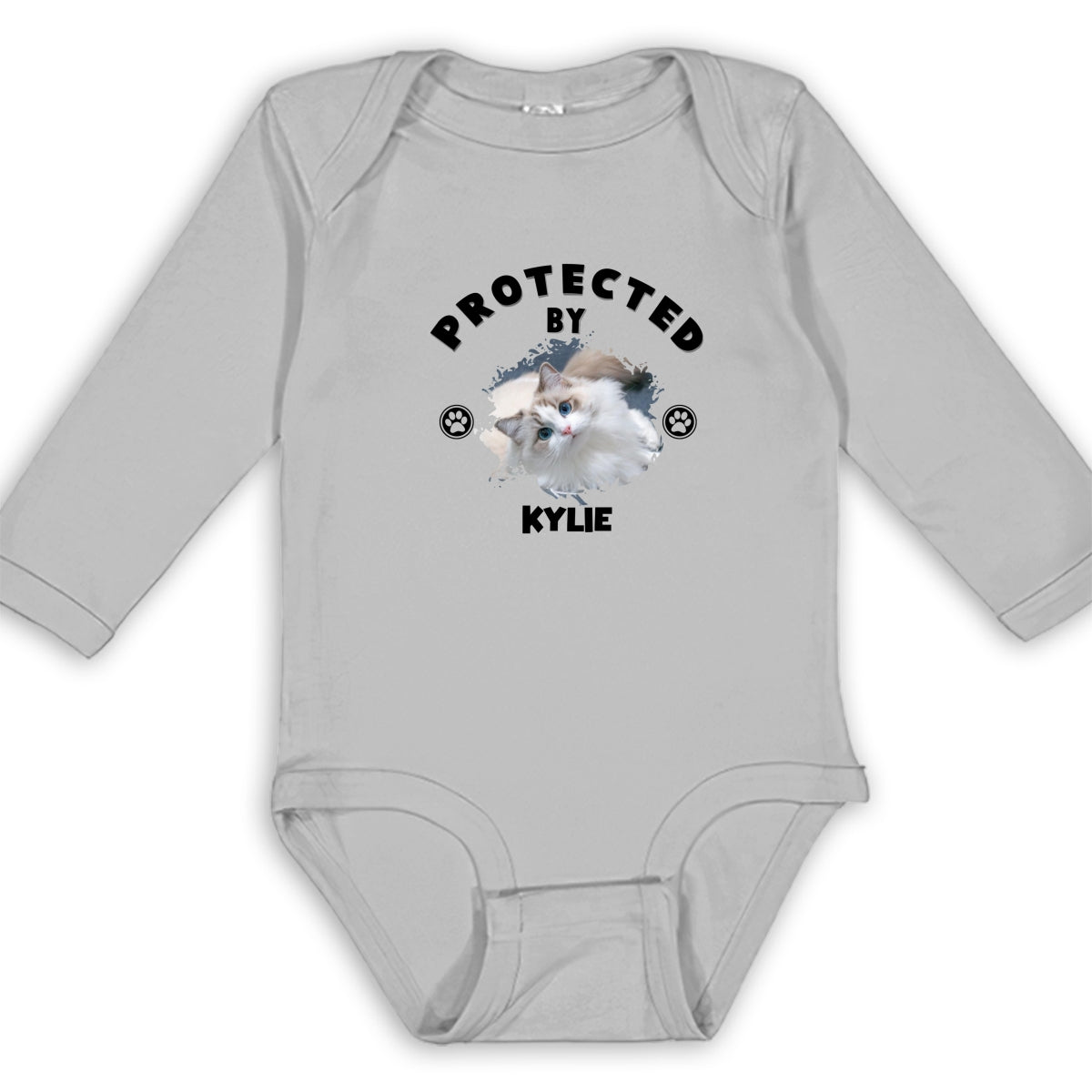 Personalized Custom Long Sleeve Baby Onesie with 'Human Protected By Cats' Photo
