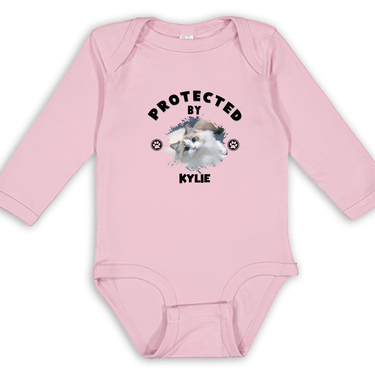 Personalized Custom Long Sleeve Baby Onesie with 'Human Protected By Cats' Photo