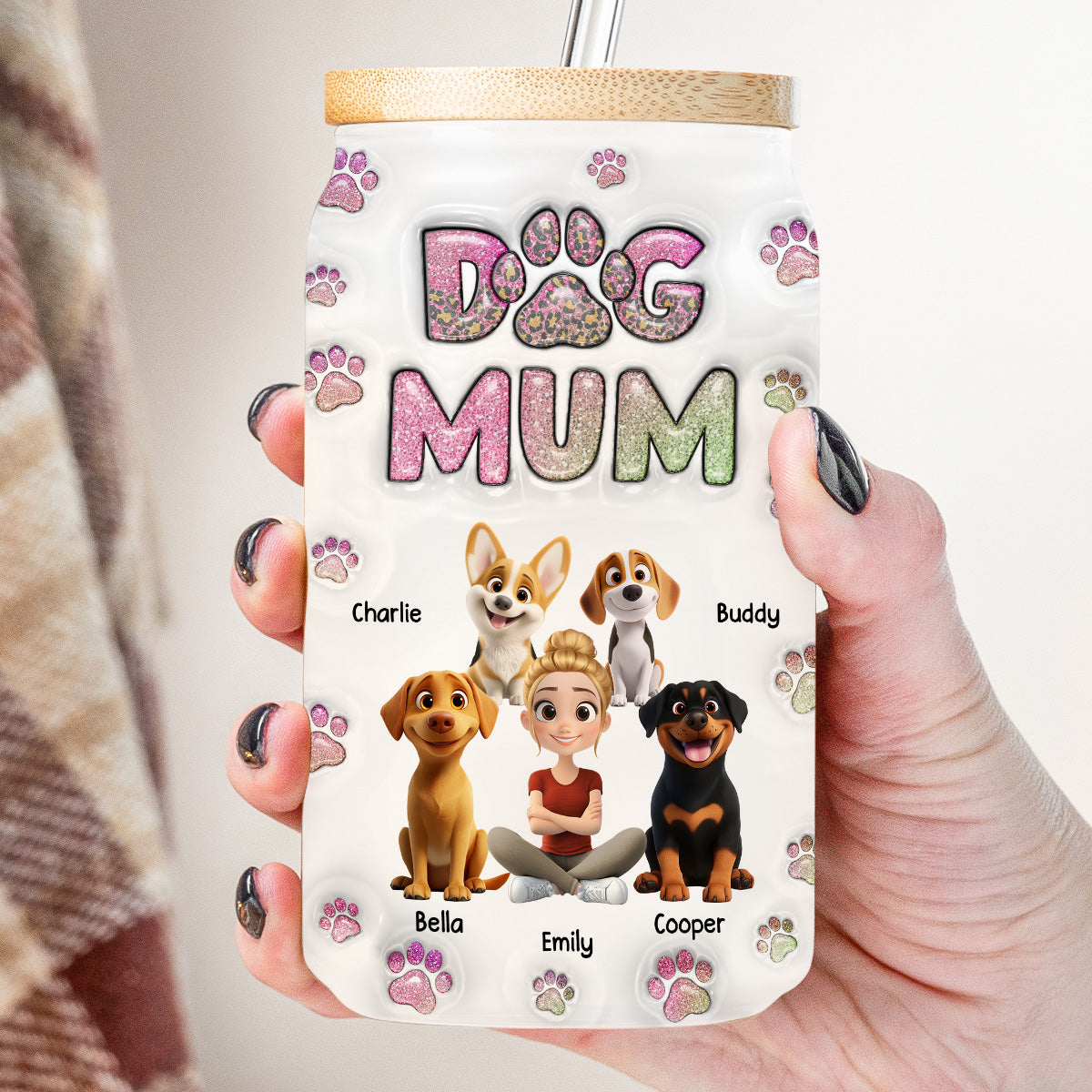 Personalized Dog Mom Chibi 3D Inflated Effect Glass Can for Daily Sipping