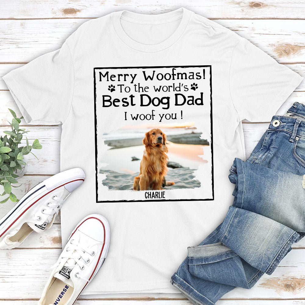 Customizable Woof Dog Dad Mom Christmas Photo Unisex T-shirt - Ideal Gift for Pet Lovers